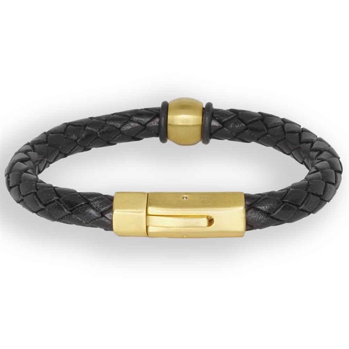 Gouden luxe leren armband zwart.